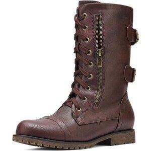 Women's Burgundy Mid Calf Built-in Wallet Pocket Lace up Military Combat Boots